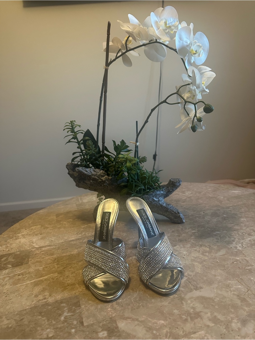 Dolce & Gabbana Silver Crystal-Embellished Slide Heels
